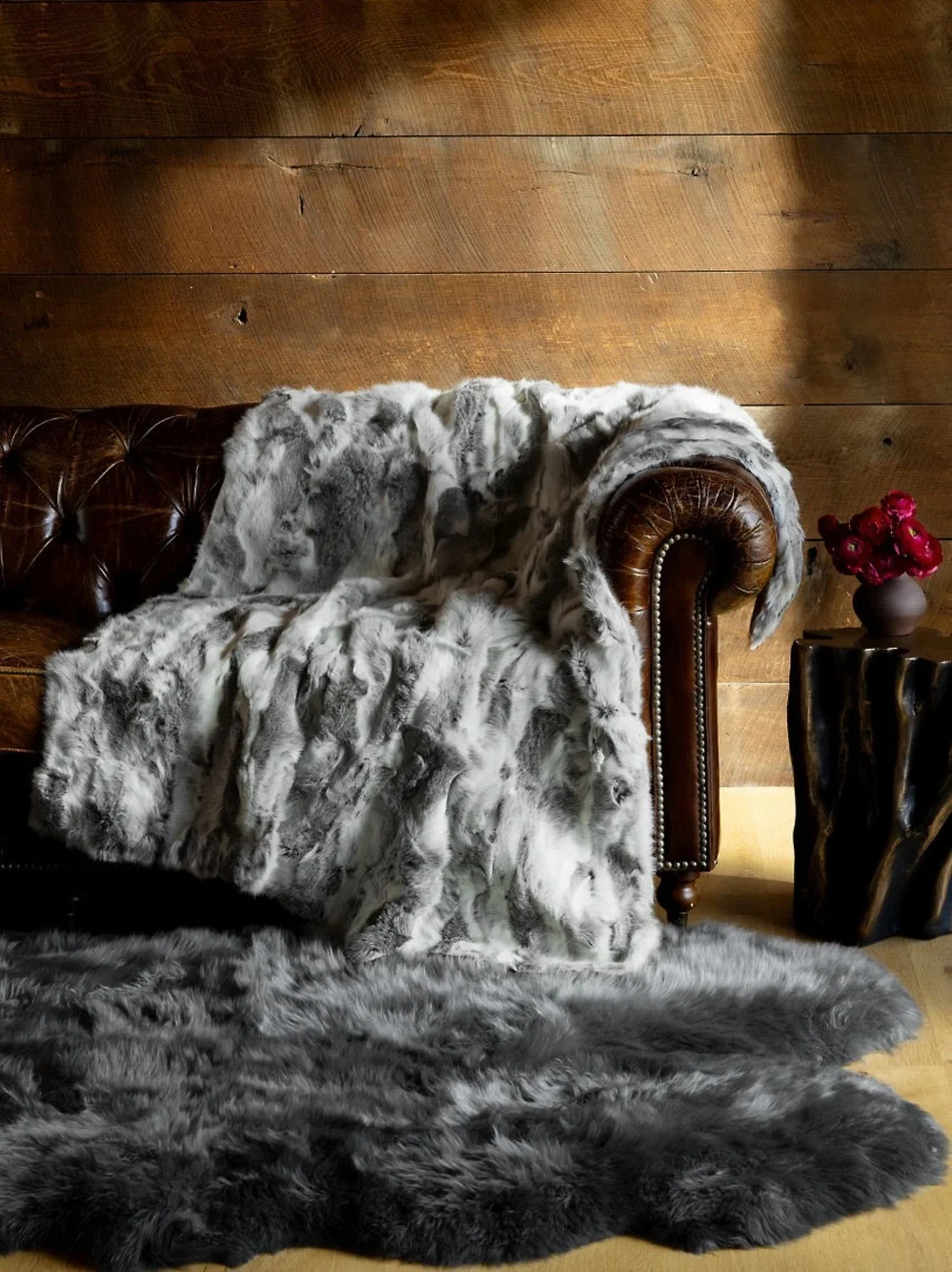 Overland Plush Rabbit Fur Throw Blanket - Gray & White